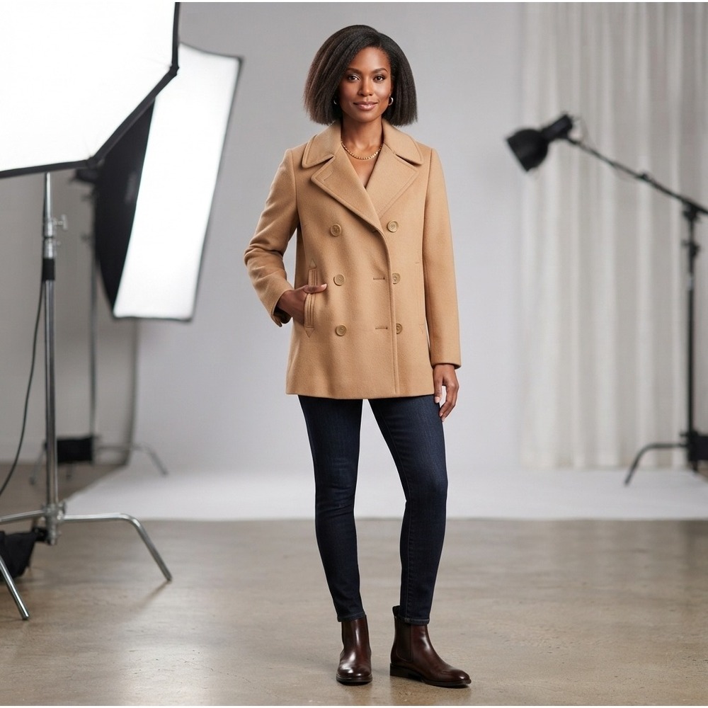Talbots Petites Camel Tan Pure Wool Double Breasted Pea Coat Size 6P Made in USA